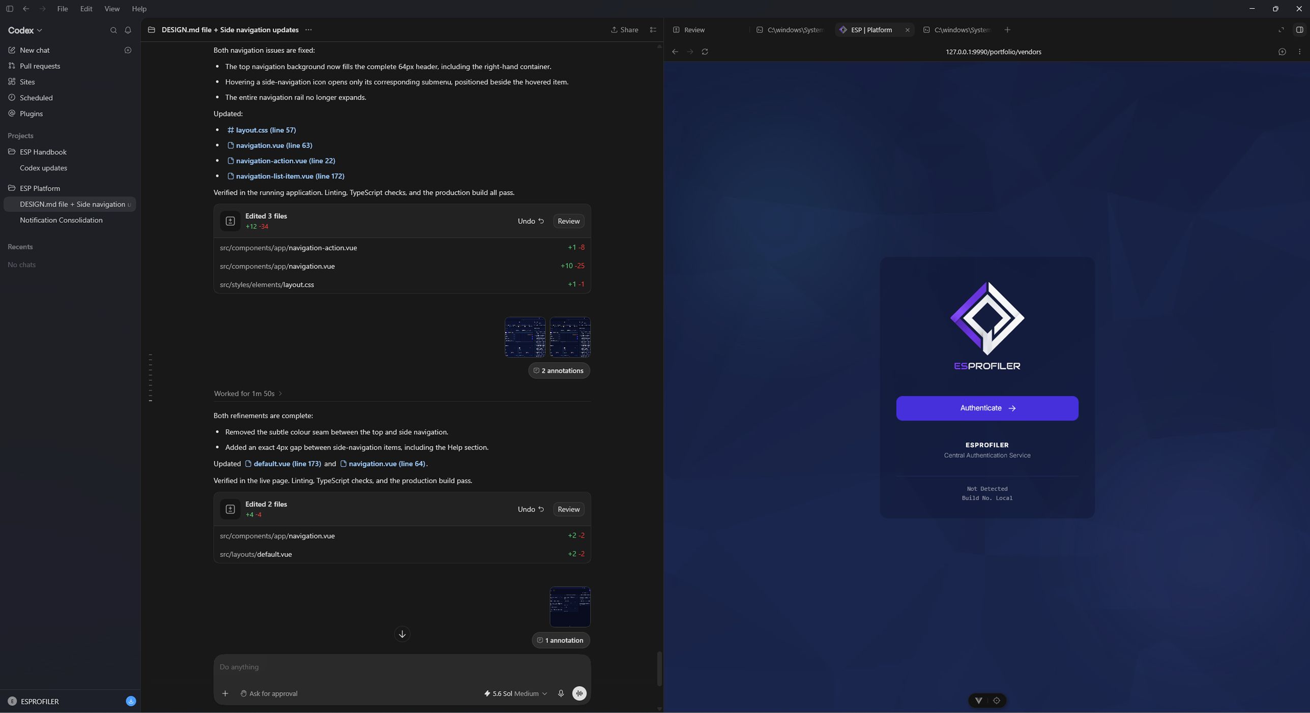 Open the local application in the Codex browser and select Authenticate