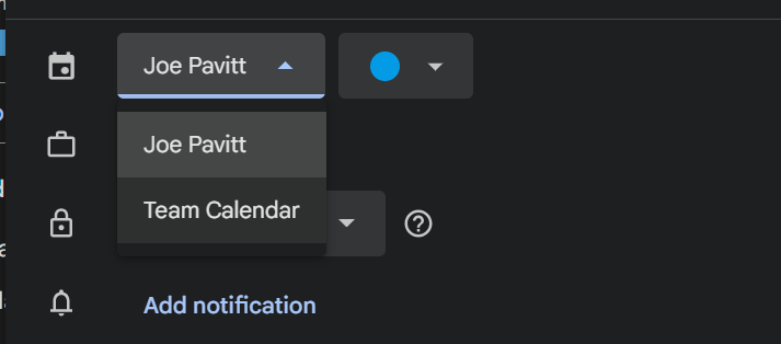 Screenshot showing the option to switch an event between your personal and team calendar